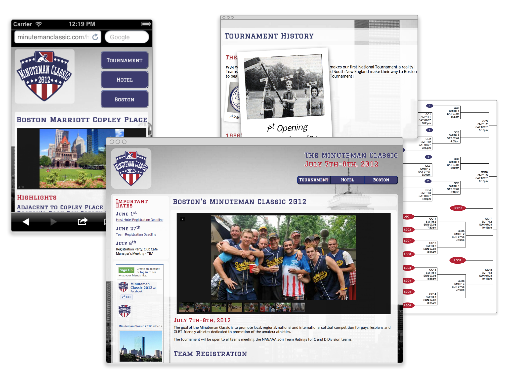 The minuteman screen shots of the homepage, responsive layout on small screens, the history gallery and tournament schedule
