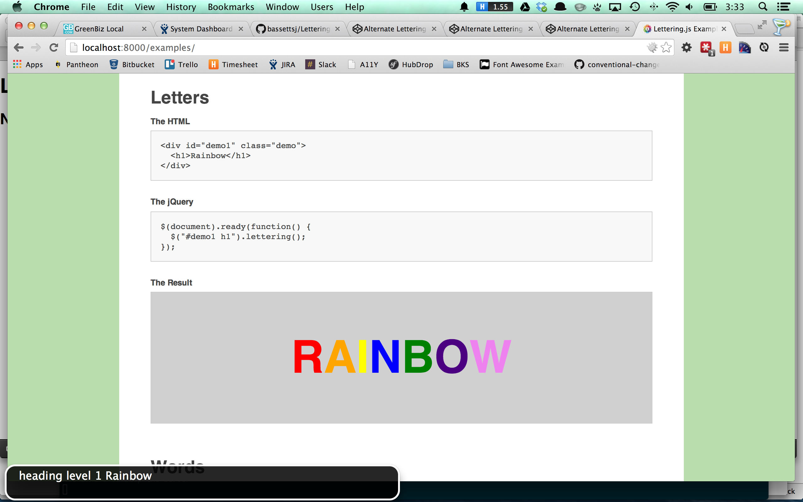 Browser window with voiceover on testing the results of using an aria-label attribute to make sure the feedback isn't choppy.